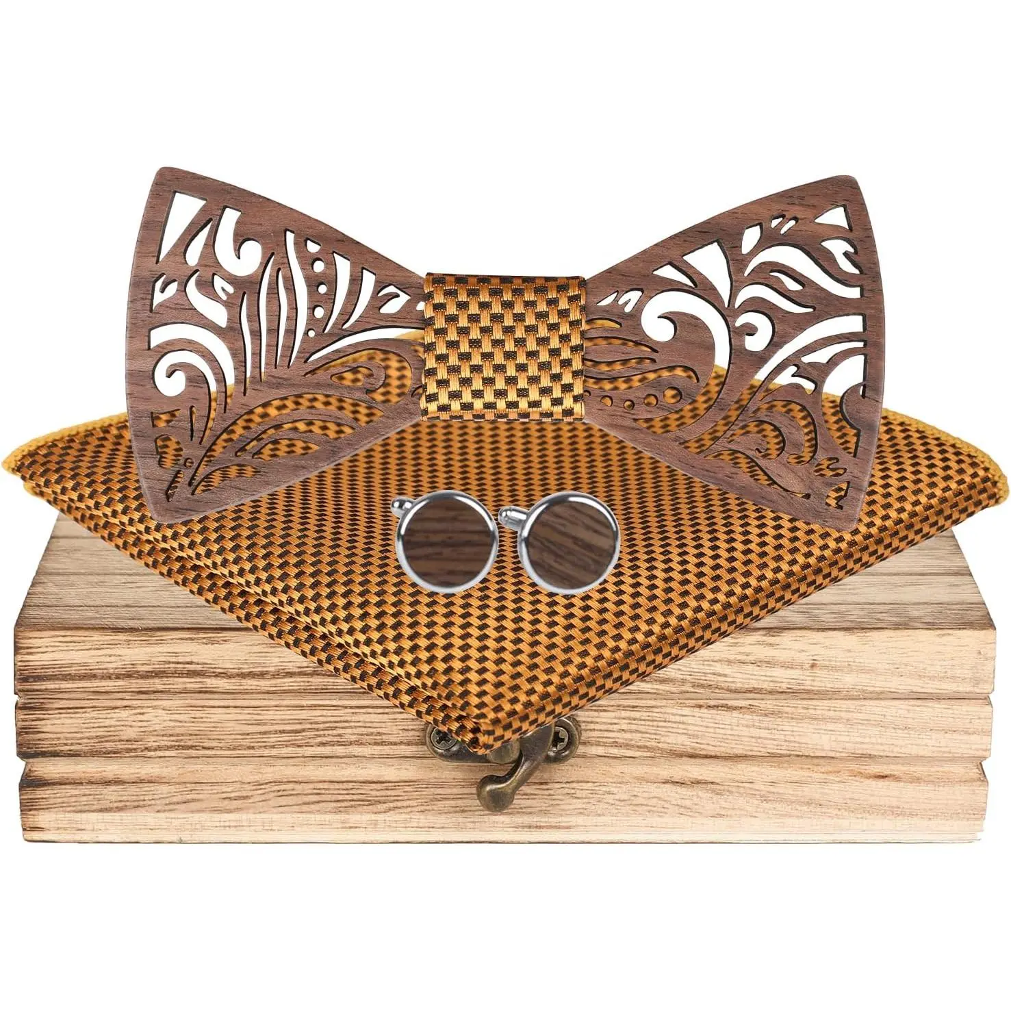 Mens Wooden Bow Tie Set, Openwork Carving Design Wood Bow Tie with Cuff links & Pocket Square, Exquisite Wooden Gift Box Ready