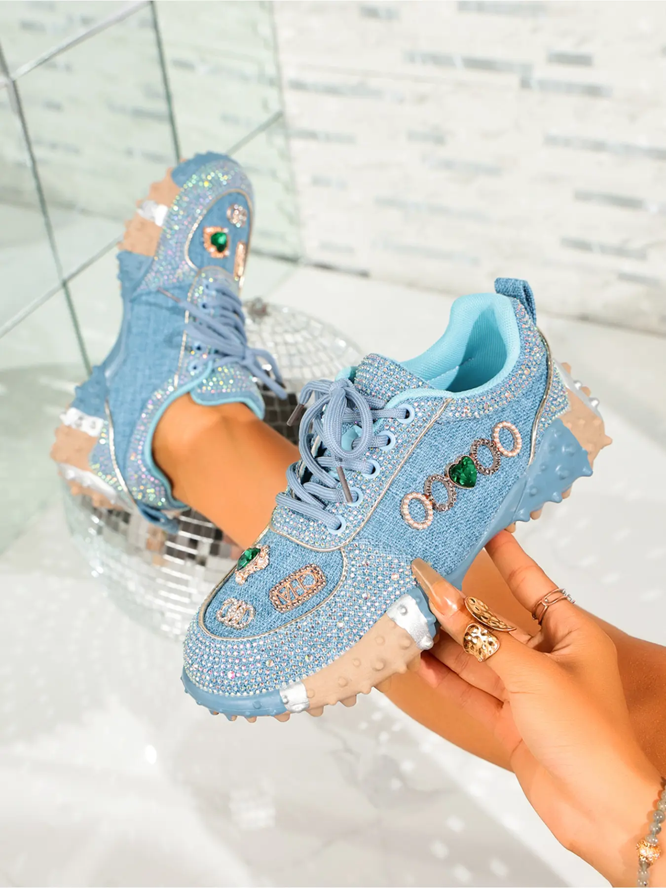 Ladies Light Denim Blue Rhinestone Heart Gem Chunky Dad Sneakers 3cm Spiked Lug Sole Denim Lace Up Retro Summer Party Street Glitter Casual Shoes