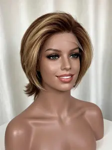 Lolely Dream Honey Blonde Highlight Pixie Bob Human Hair Wig for Women, 13x4 Lace Frontal Brazilian Remy Straight Wig, Pre Plucked Natural Hairline Blunt Layered Cut Glueless Colored Short Wig