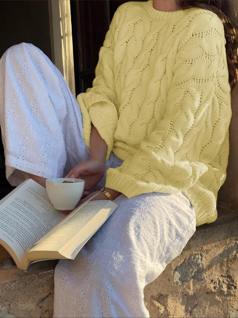 Women's Casual Round Neck Sweater, Long Sleeve Fitted Knit Top, Winter Fashion, Plain Color, Moderate Fabric Thickness, Knitwear