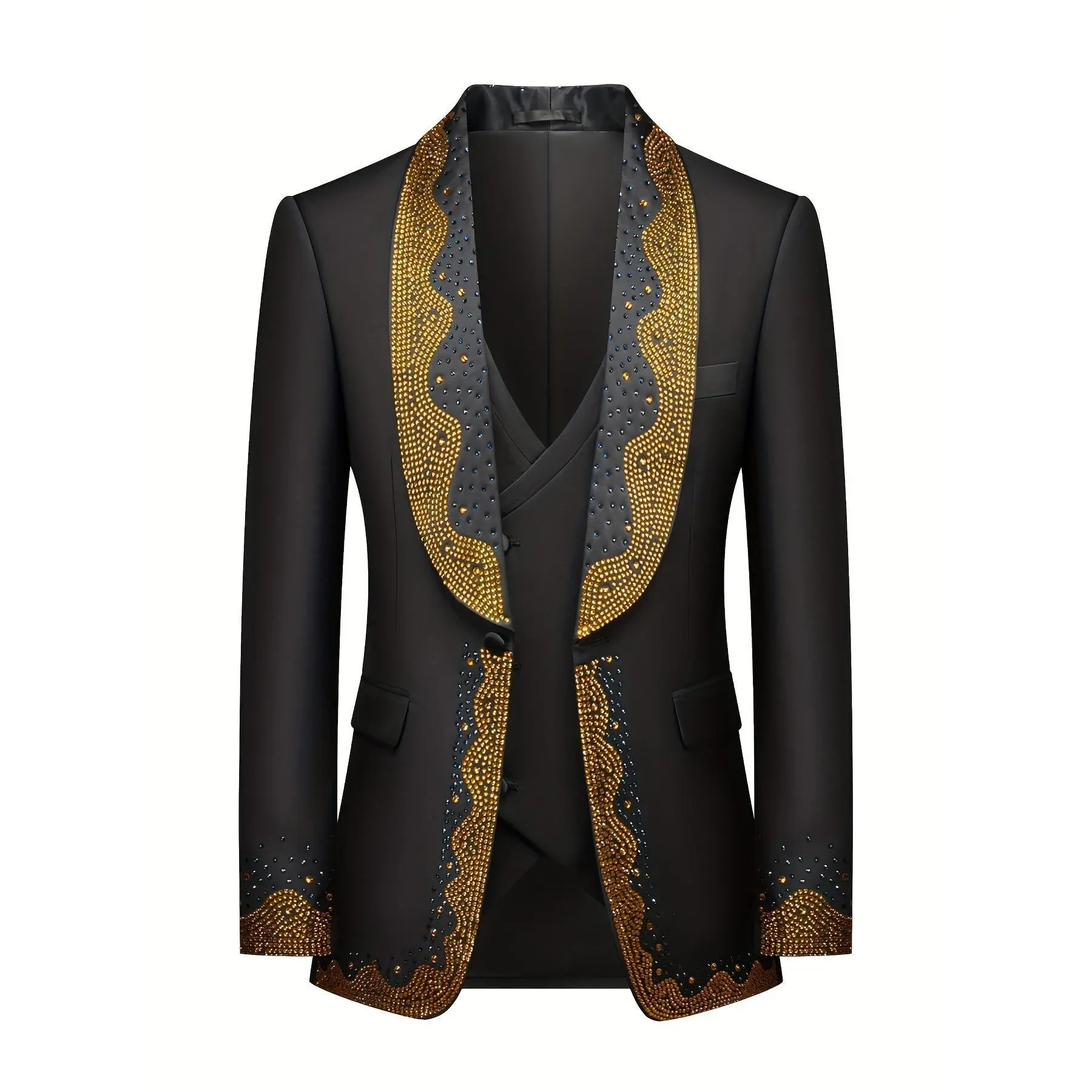 Men's 3-Piece Tailored Tuxedo Suit, Hotfix Rhinestones, Premium Woven Viscose Blend Fabric for Luxury Feel, Formal Wear for Prom, Long Sleeve Blazer, Menswear, Fancy