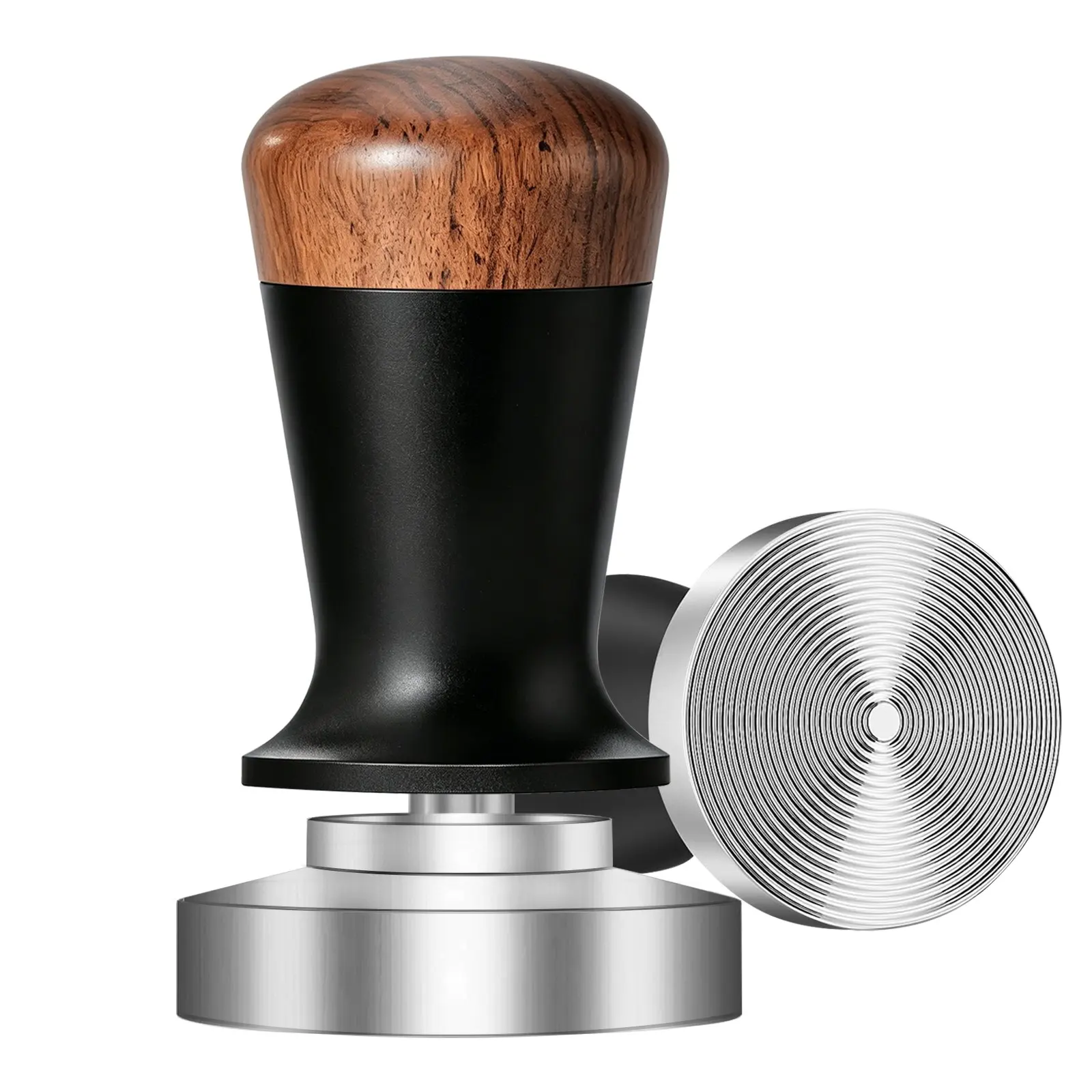 Italian Espresso Coffee Tamper, Spring-Loaded, Walnut Handle, Stainless Steel Base, Constant Pressure, Barista Accessories