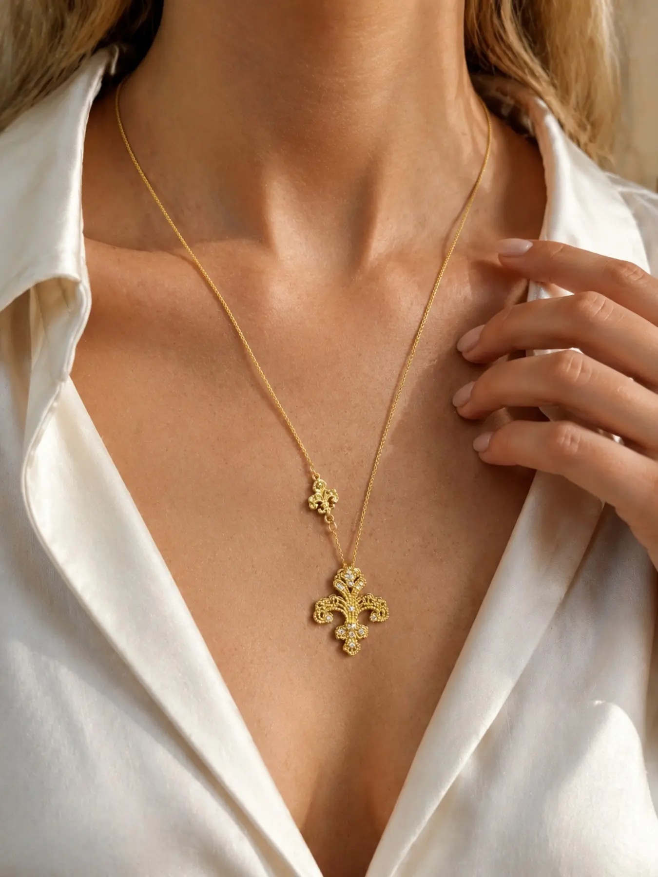 Vintage Fleur-de-lis Zircon Pendant Necklace, Retro Gold Plated Dainty Chain for Daily Commute Women Jewelry