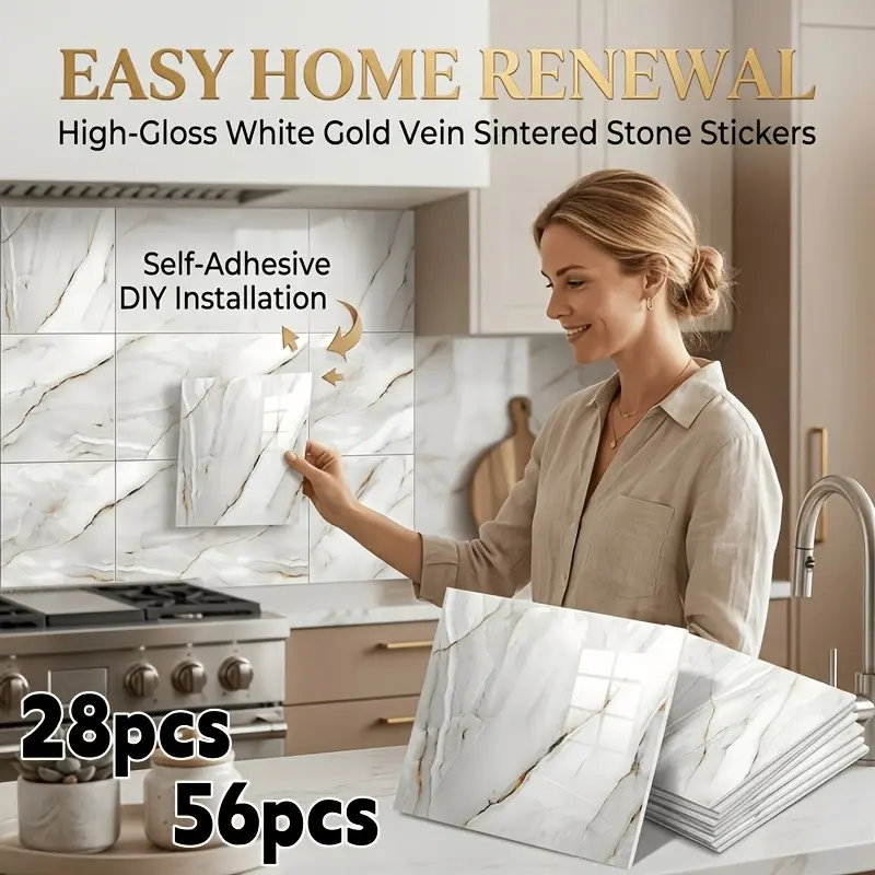 28/56pcs Marble Peel and Stick Tile, 11.8"x11.8" Waterproof PVC Wall Tiles, Self Adhesive for Kitchen Backsplash, Bathroom Walls, Wall Decor