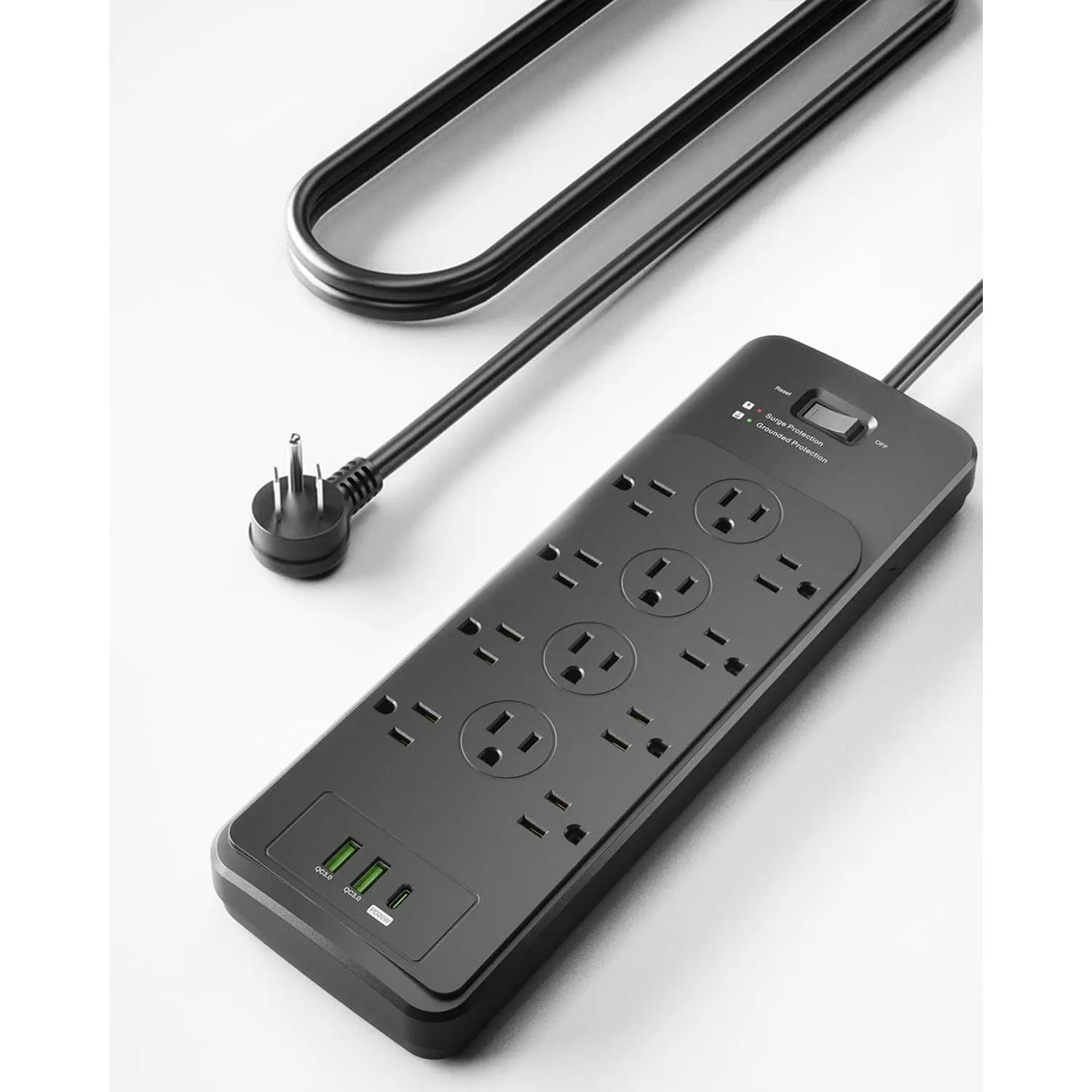 Surge Protector Power Strip 5FT(4080J), Black Surge Protector with 12 Outlets - Spacious Design for Large Plugs, Flat Plug, 20W USB C  for , Office, ETL Listed