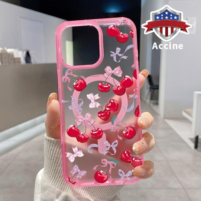Magnetic Soft Case for iPhone 16 Pro Max 15 Plus 14 13 12 11 XS E XR Cherry - Bow Enchantment Pattern Shockproof ultra-thin Silicone Crystal Transparent Protective Cover Supports Wireless Charging