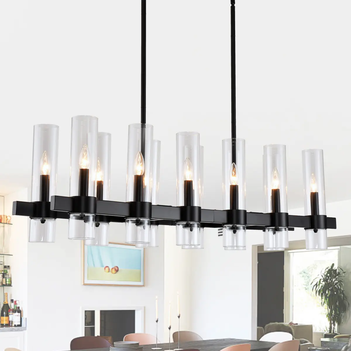 Black Chandelier Linear with Clear Glass Shade, 12-Lights Modern Farmhouse Ceiling Pendant Hanging Light Fixture Over Table, for Dining Room, Kitchen Island--NO INCLUDED BULBS