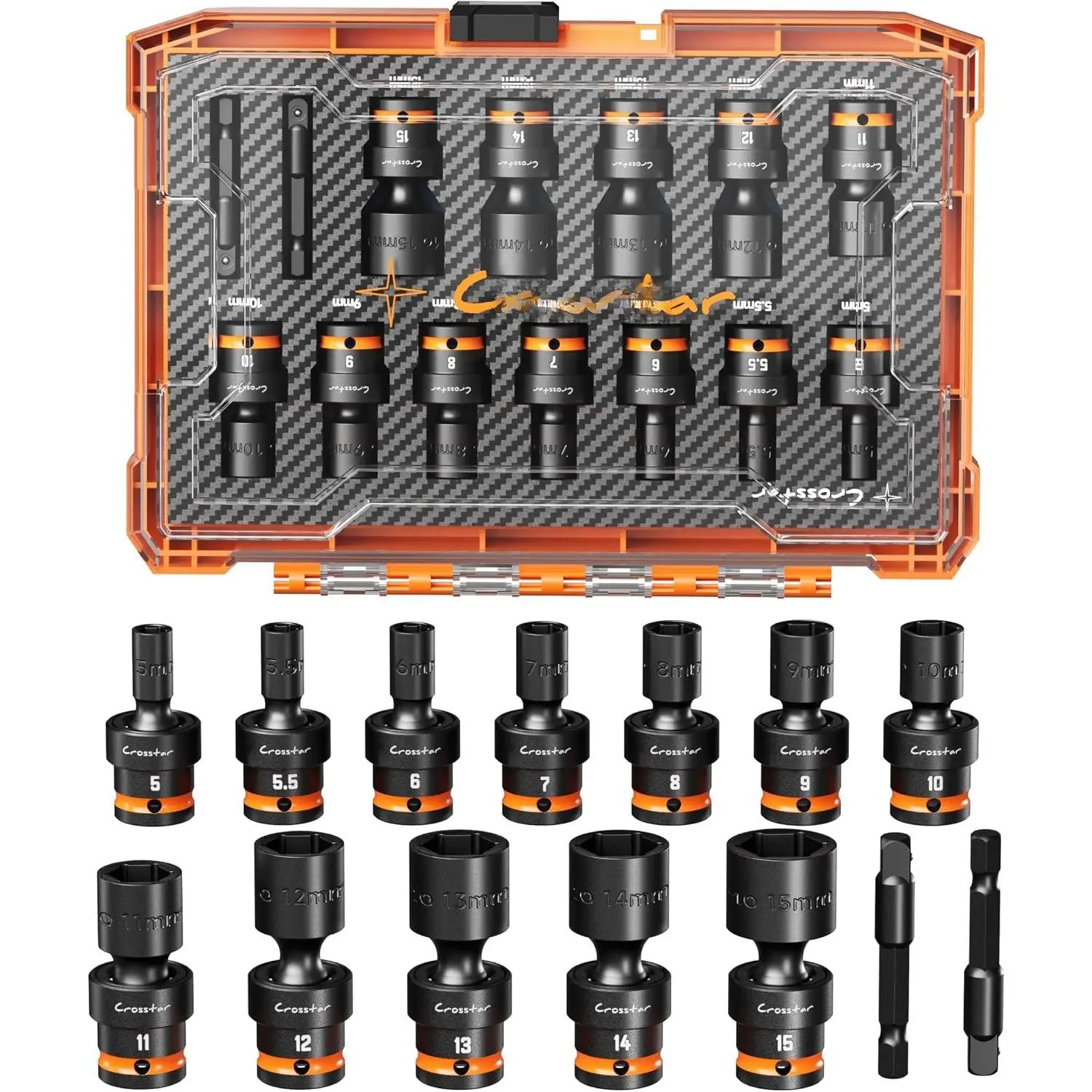 14 count 1/4"   Joint Socket Set,5-15mm Wobble,6-Point | Swivel Socket Set, 360° Flexible Rotation, Metric, 2" Extension Bar, Cr-Mo Steel, Transparent Case with EVA