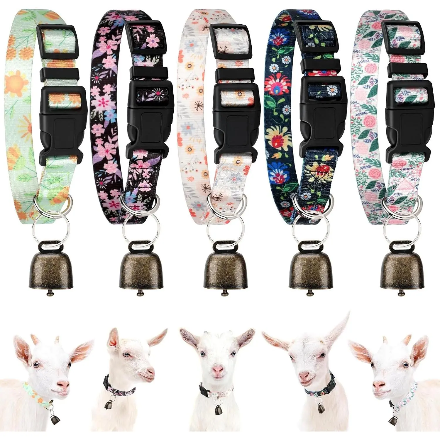5 Pack Floral Goat Collars with Bells Adjustable Nylon Grazing Copper Bell Set Anti-Lost Loud Bronze Bell for Small Farm Animals Horse Sheep Goat Cow Accessories