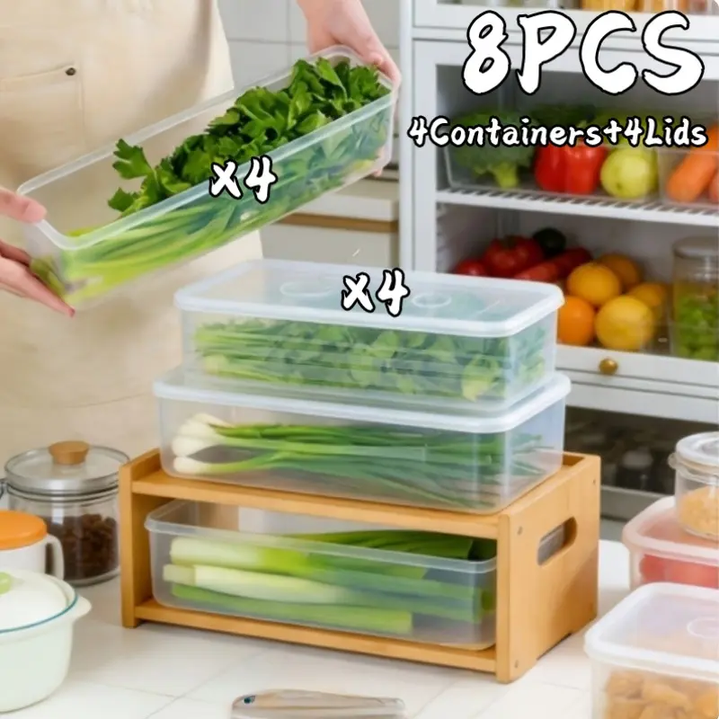 8pcs Transparent Stackable Refrigerator Storage Boxes with Airtight Lids/Front Sealable Lid Suitable for Vegetables, Fruits, Herbs, Noodles, Freezer Organizer, Space-Saving Containers for Fridge Preservation & Organization