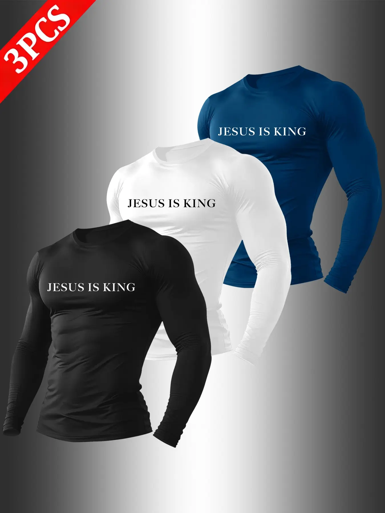 Men 3 Pcs Pack Long Sleeve Compression Gym T-Shirt, Crew Neck Sportswear, Solid Black White Jesus Is King Text Print On Chest Quick Dry Muscle Fit Athletic Base Layer For Weightlifting Jogging Daily Layering Street Wear #3packcompres