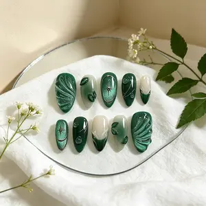 Luxury Emerald Cat Eye Press On Nails, Minimalist Green & Milky White Ombre Fake Nails with 3D Sculpted Details