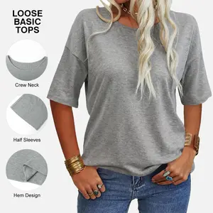 Imily Bela Women's  Soft Round Neck Basic Tee Half Sleeve Lightweight Solid Color Loose Fit Minimalist Top Casual Comfortable Simple Womenswear shirts