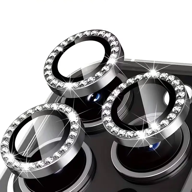 Sparkling rhinestone-studded cellphone camera lens protector for iPhone 15, 14, 13, 12, and 11 series. Scratch- and drop-resistant Protective tempered glass camera lens protector (black) Accessories.