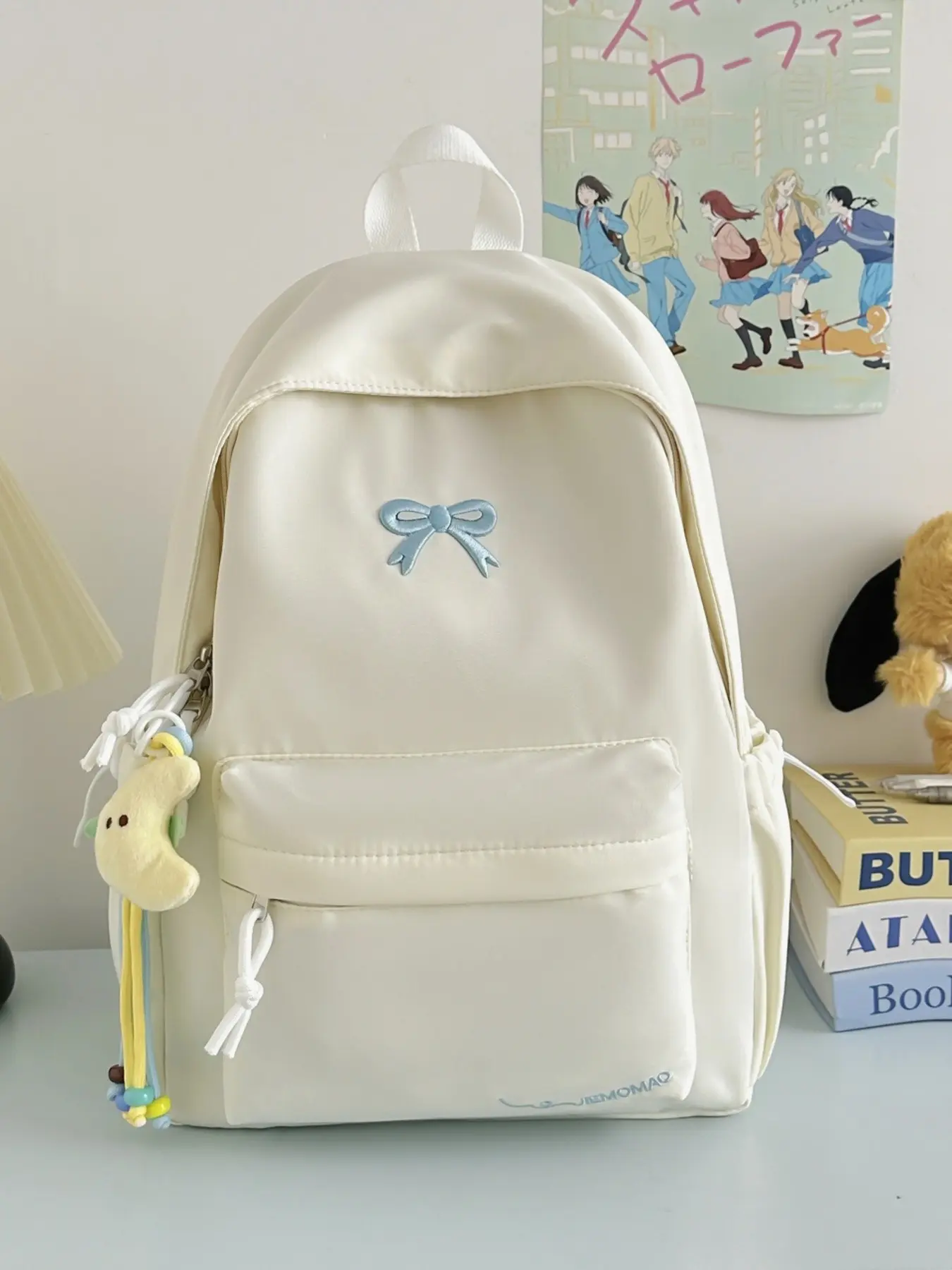 Korean Style Butterfly Knot Backpack for Women, Nylon Lightweight Large Capacity School Bag, Fresh Teen Girl Backpack with Attachments, Asian Backpack, Youth Backpack