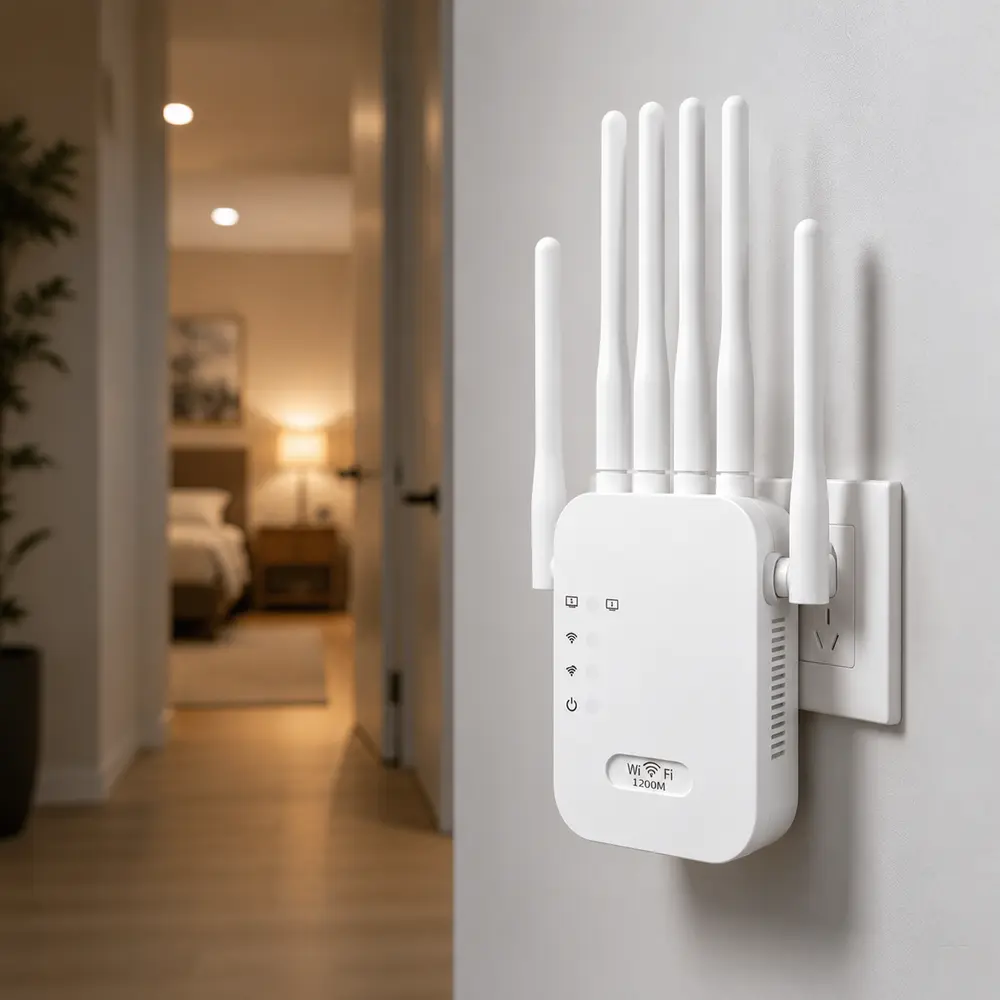 Compact AC1200 WiFi Repeater with Adjustable Antennas, US Wall Outlet Plug for Camping, Streaming Gaming