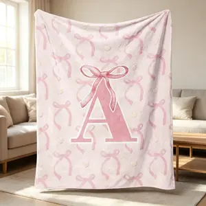 Digital Printing Elegant Blush Pink Bow Monogram Blanket - Custom Initial A Warm Cozy Throw for Home Decor, Holiday Gifting, Digital Printing Blankets