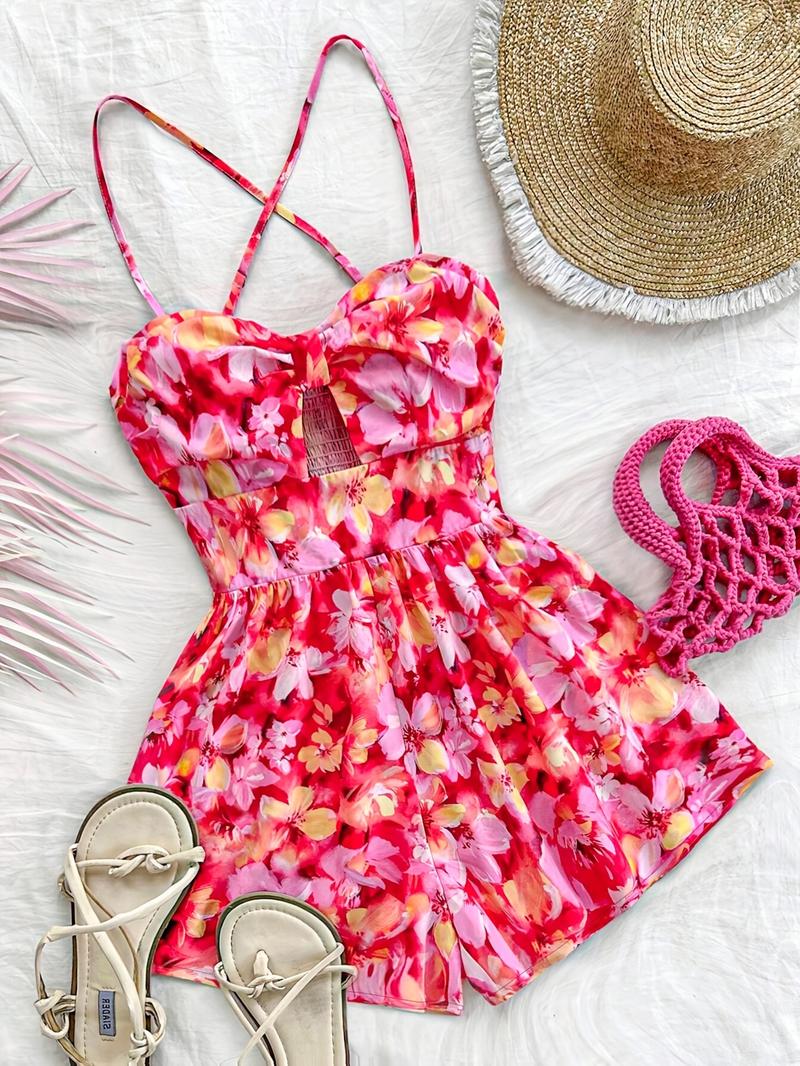 Women's Floral Print Cut Out   Romper, Casual Sleeveless Romper for Summer, Fashion Women's Clothes for Beach Holiday Vacation