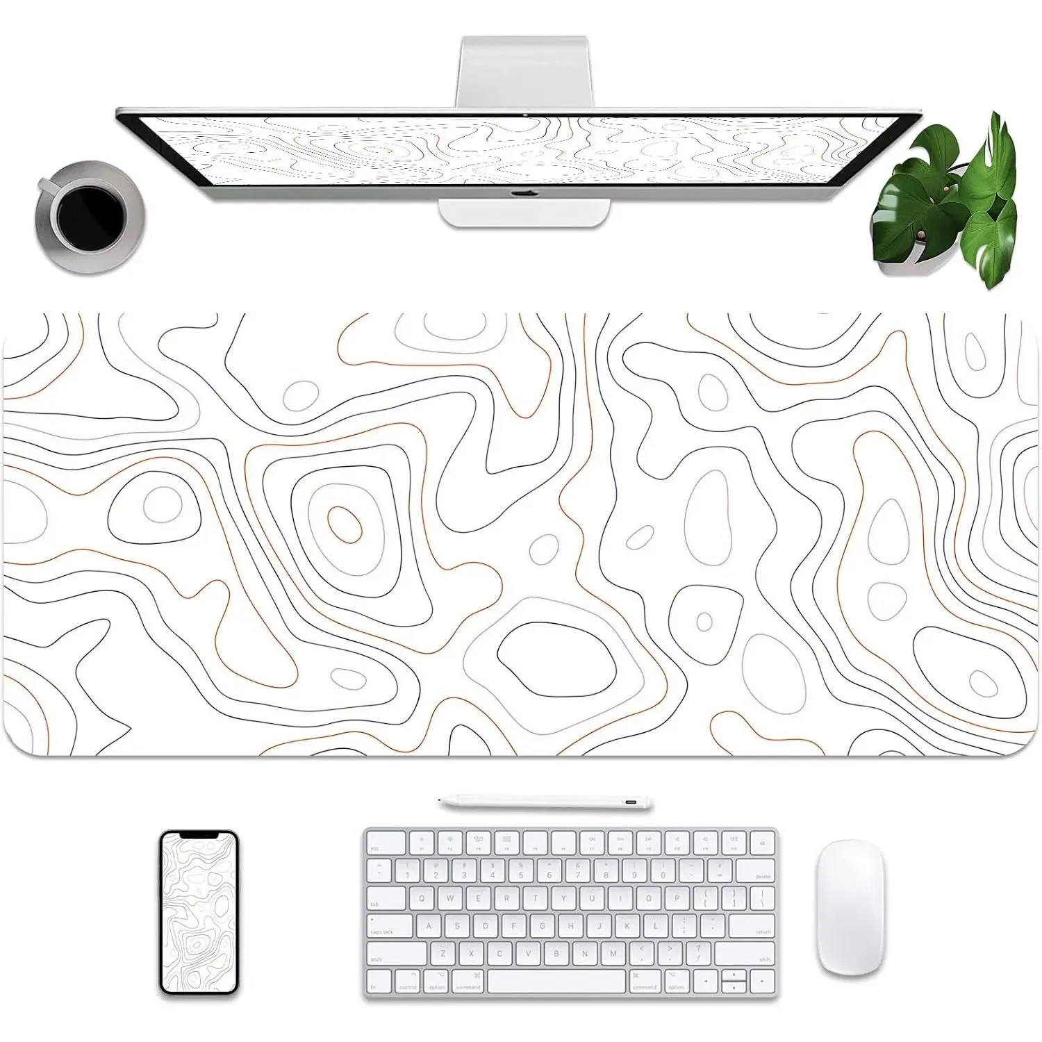 White Topographic Map Desk Mat 35.4" x 15.7", Computer Laptop Mat, Non-SlipMouse Keyboard Pad, Large Desk Blotter, Writing Matt for Work/Home 35.4"x 15.7", Topographic