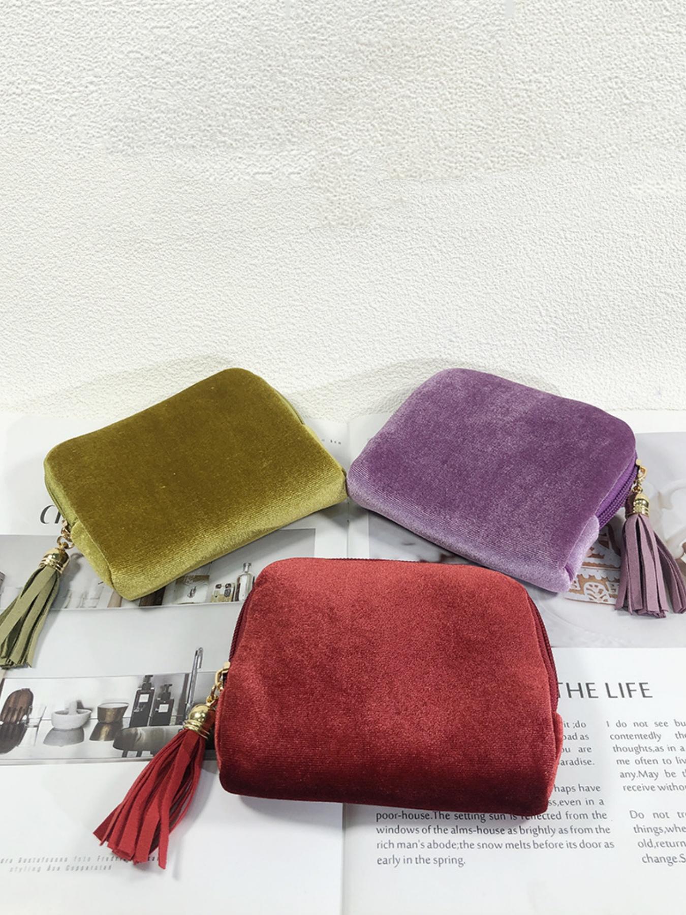 Fashionable Simple Solid Color Luxury Jewelry Storage Bag, Tassel Zipper Pouch, Portable Organizer for Rings Necklaces Bracelets