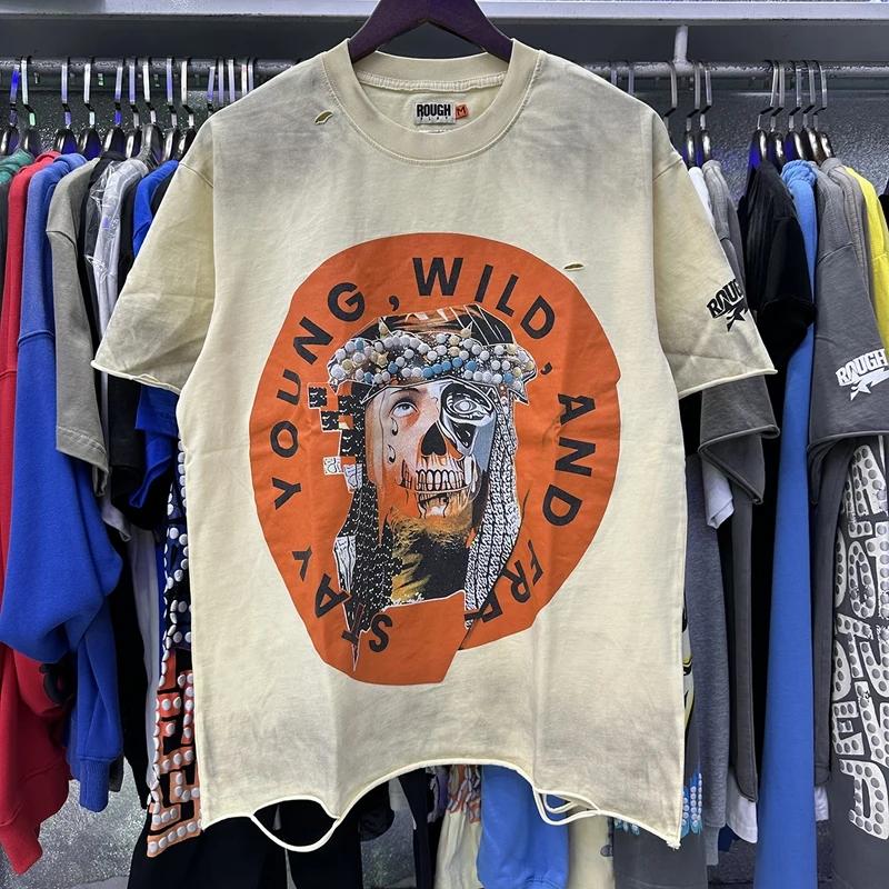 Vintage Washed Roughplay T-Shirt, Heavyweight White Ink Jesus Skull Print, Retro Rockabilly Bling Diamond Patchwork, American Hip Hop Unisex Streetwear Short Sleeve Cotton Tee