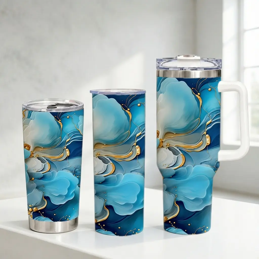 Aesthetic 40oz Tumbler with Handle, Blue Marble Stainless Steel Travel Cup with Lid, Luxury Insulated Coffee Mug, Reusable Water Bottle for Women, Work & Road Trips big capacity gym office regalo para ella
