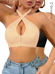 Women's Sexy Halter Cross Neck Front Buckle Bra, Mesh Cut Out Wireless Push Up Bralette, Backless Lingerie for All Seasons    push up bra   lace bra, Underwear