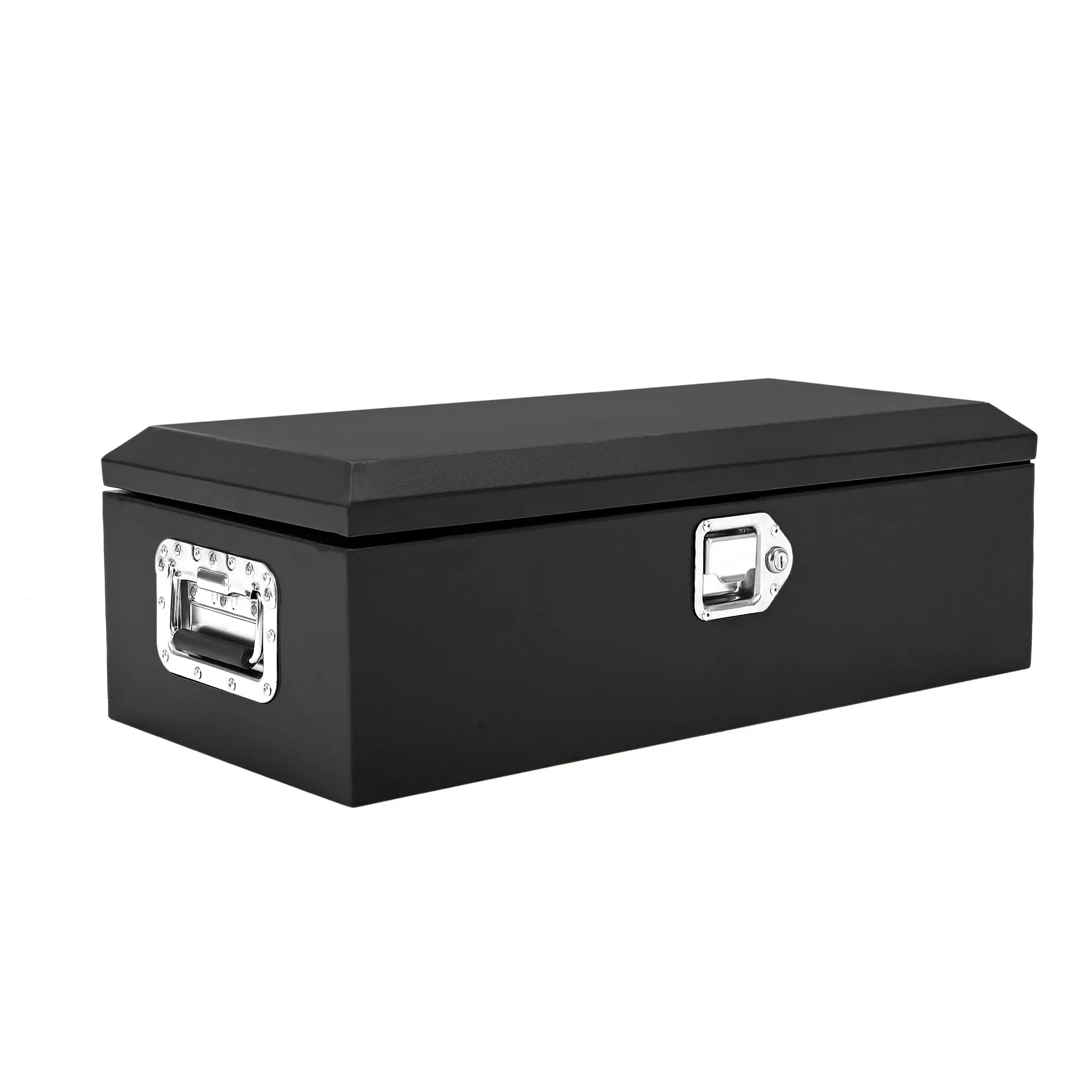 Heavy Duty Steel Truck Bed Tool Box, Low Profile Crossover Chest with Gas Strut, Weatherproof Diamond Plate Storage for Pickup RV Trailer, Lockable, Black