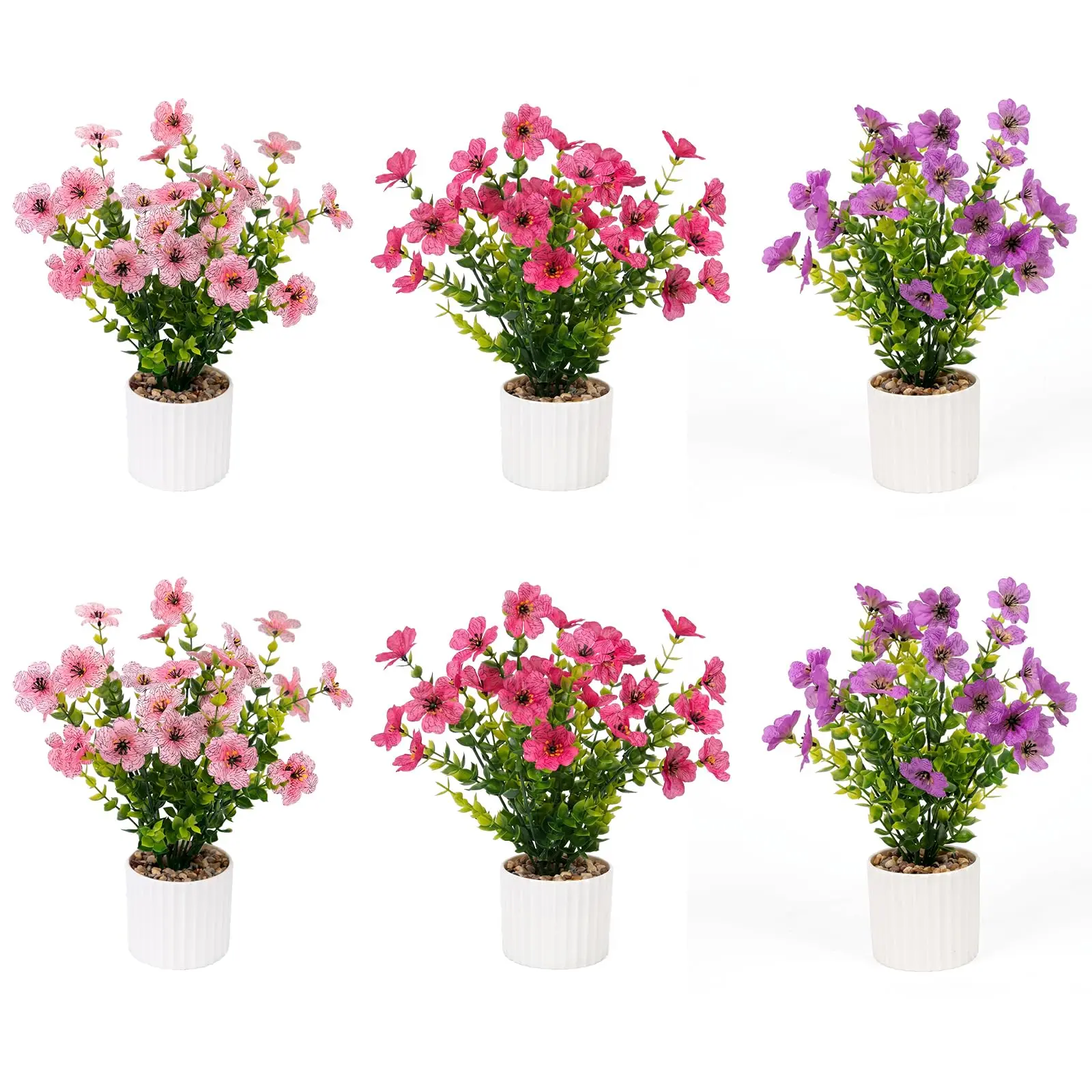 6-Pack Faux Potted Artificial Flowers, Mini Tabletop Fake Plants - Rustic Plastic Pots, No-Maintenance Desktop Decor for Home & Office