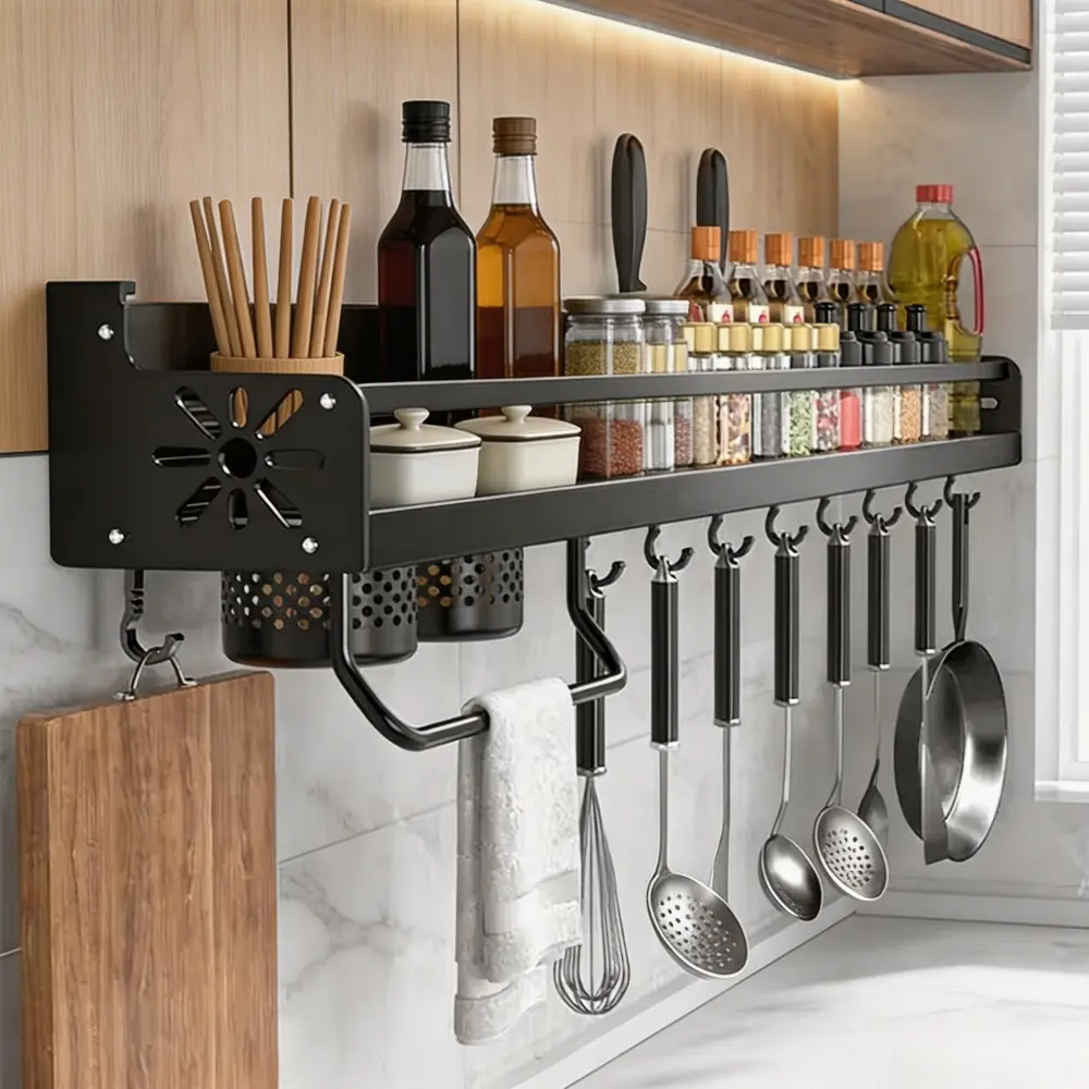 Hangable Black Wall Mount Spice Rack with Utensil Holder, Functional 19in/50cm Multi-Use Small Kitchen Cabinet Organizer Seasoning Shelf, Kitchenware