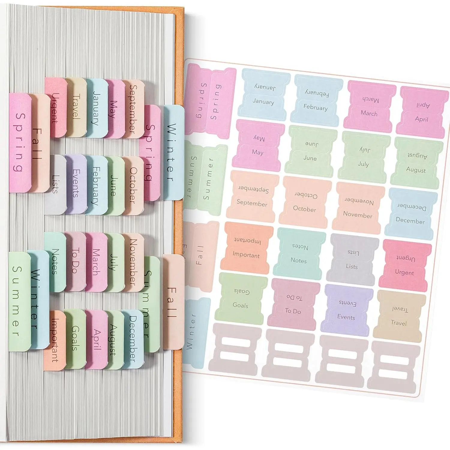 - Monthly & Seasonal Planner Tabs, 84 Pack | Colorful Tearing-Resistant Self-Adhesive Labels for Calendars, Journals, Notebooks, Notes, Goals, To-Do, Events, Organization