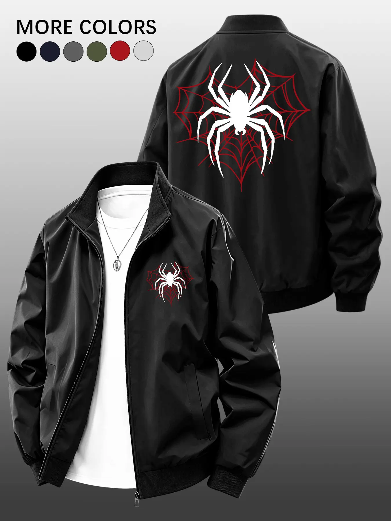 Men's Casual Summer Jacket, Casual Loose Jacket, Trendy Spider Web Print, Zip Pocket Design, Perfect for Daily Commute, Versatile and Stylish Outerwear