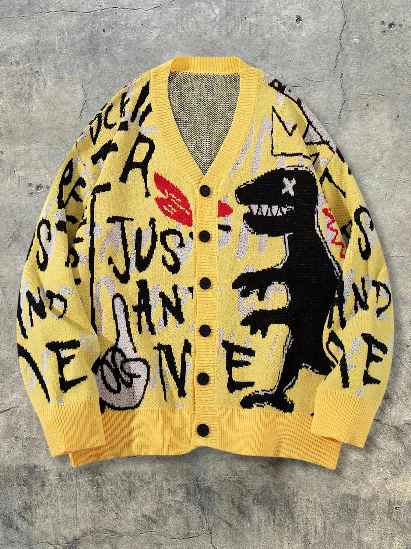 Men's Fall Winter New Street Style Dinosaur Print Long Sleeve V Neck Cardigan Knitwear, Casual Loose Fit Asymmetrical Design, Button Closure