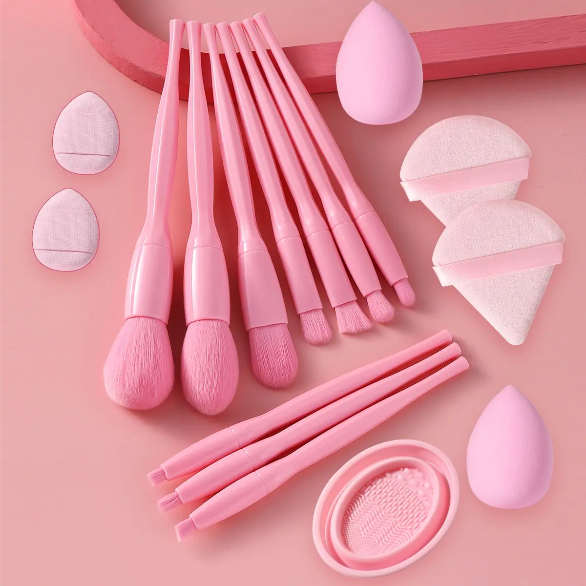 17-Piece Cosmetic Makeup Tool Set, Includes 9 Brushes, 2 Sponges, 2 Powder Puffs, Mini Finger Puff, Silicone Bowl, Dry Wet Use, Foundation, Concealer, Blush, Eyeshadow