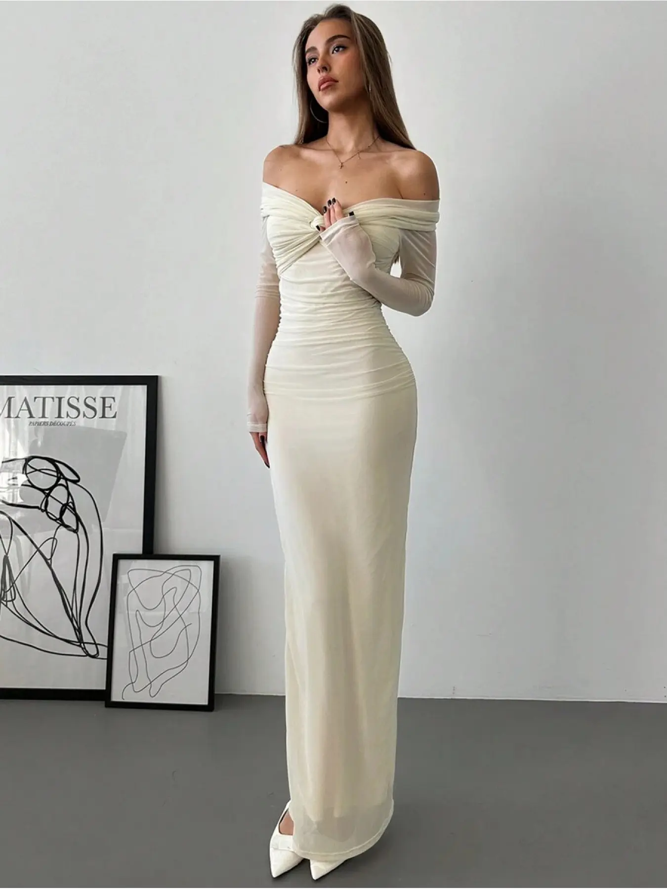 Women's Romantic Off Shoulder Mesh Ruched Fitted Dress With Long Sleeves,Summer Dresses For Women