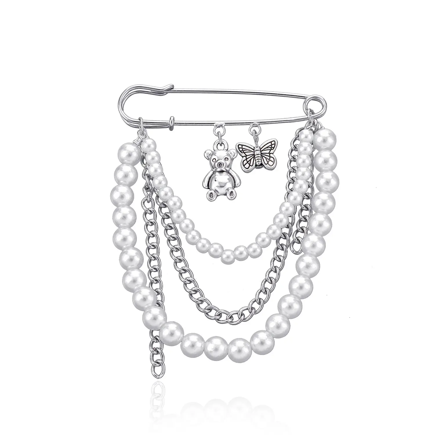 Cute Bear Butterfly Multi-Layer Pearl Safety Pin Brooch Silver Y2K Sweet Grunge Dangle Chain Lapel Pin for Women Jeans Coat Decor