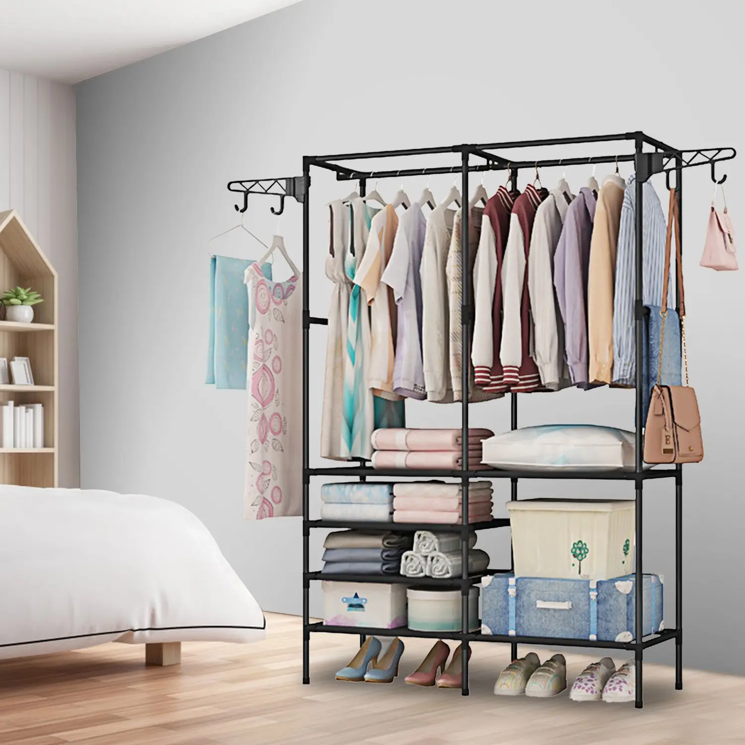 Heavy Duty Metal Garment Rack - Freestanding Multifunctional Home Organizer with Shoe & Clothing Storage Shelves Wardrobe