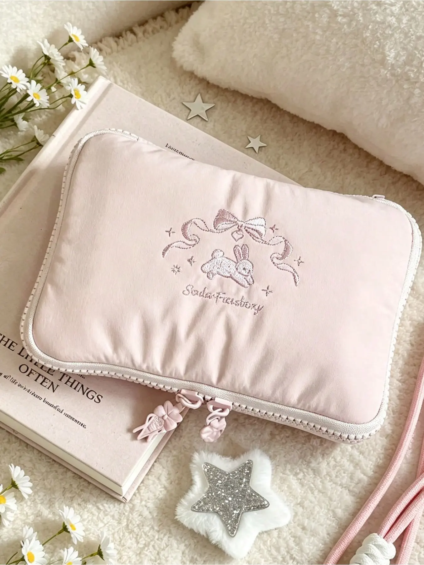 Ballet Bunny Embroidered Passport Holder, Black Pink Korean Style Rabbit Passport Wallet with Bow Zipper Pouch, Multi Slot Travel Document Organizer, Gift for Back to School Birthday Wedding