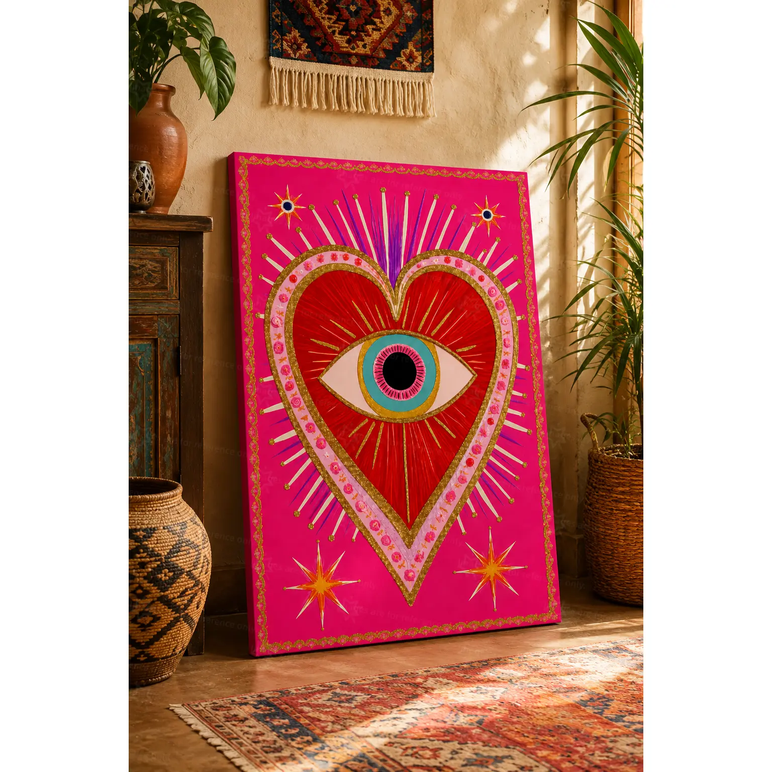 Hot Pink Heart and Eye Wall Art Canvas, Boho Mystical Symbol Artwork with Gold Starburst for Living Room Bedroom Office Meditation Space, Colorful Eclectic Home Decor, Decorative Poster, Poster Prints, Unframed Canvas Poster or Framed Canvas Wrap