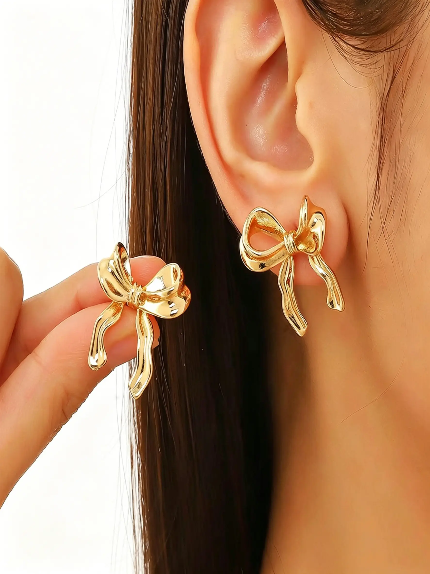 3D Ribbon Bow Stud Earrings for Women & Girls, 2 Colors Gold Silver Optional, Hypoallergenic Metallic Bow Ear Jewelry, Sweet Cool Dual Style Design, Dainty Fashion Earrings Suitable for Daily, Date, Party & Office Occasions, Hypoallergenic Stainless Steel