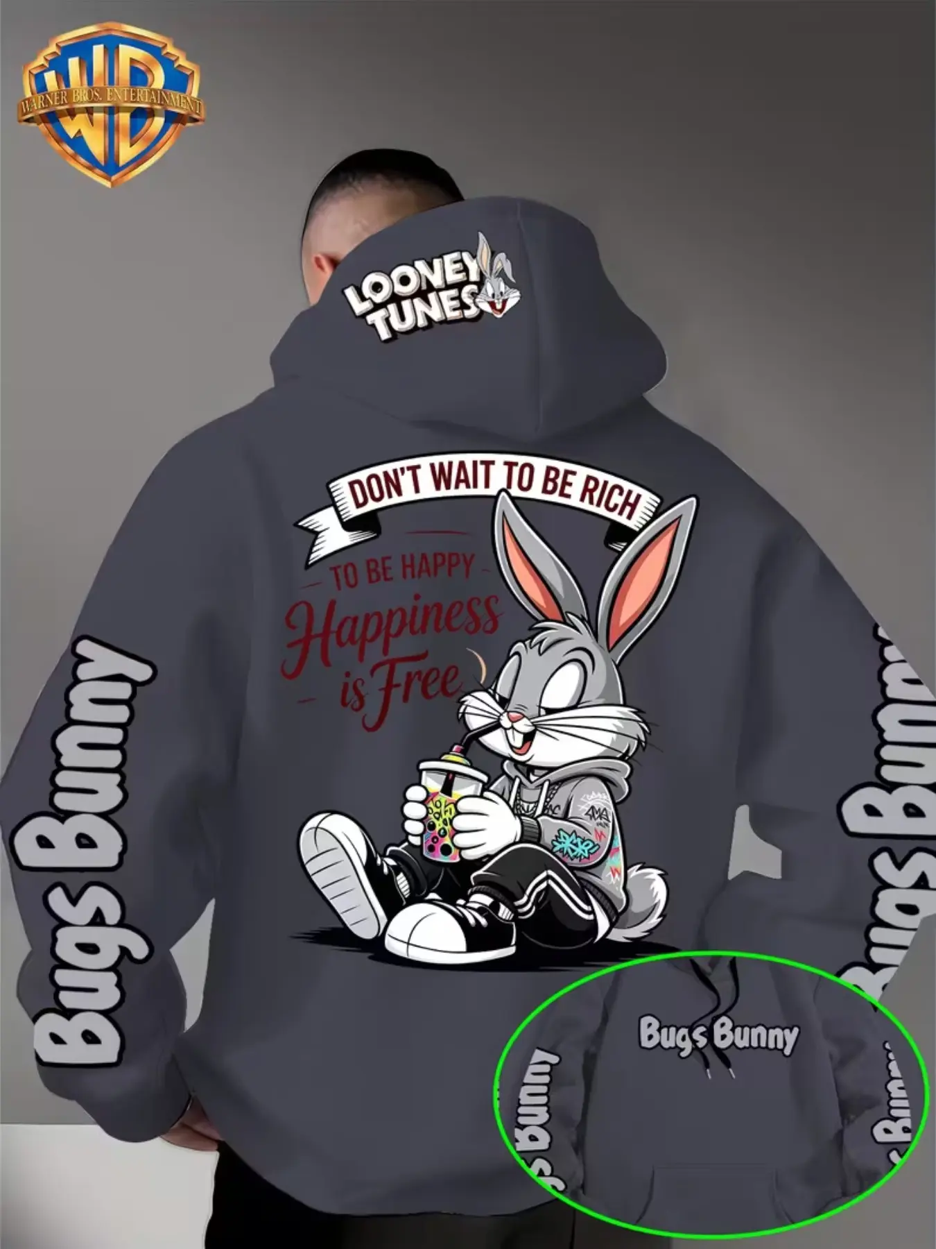 Warner Bros Men's Looney Tunes Hoodie, Casual Loose-Fit Cartoon Print Sweatshirt, Streetwear Style with Hat, Fun Bunny Design