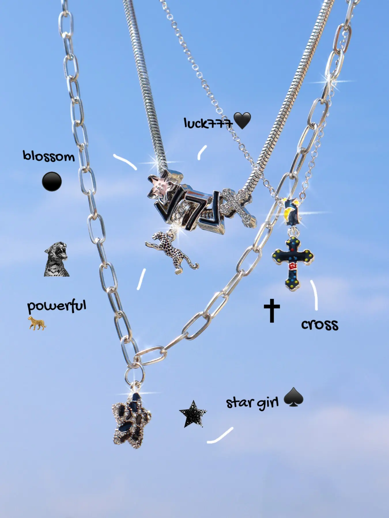 Leopard Print Star Girl Charm Necklace Set 3pcs, Dark Cross Pendant Necklace, Leopard Cherry Heart Necklace Set