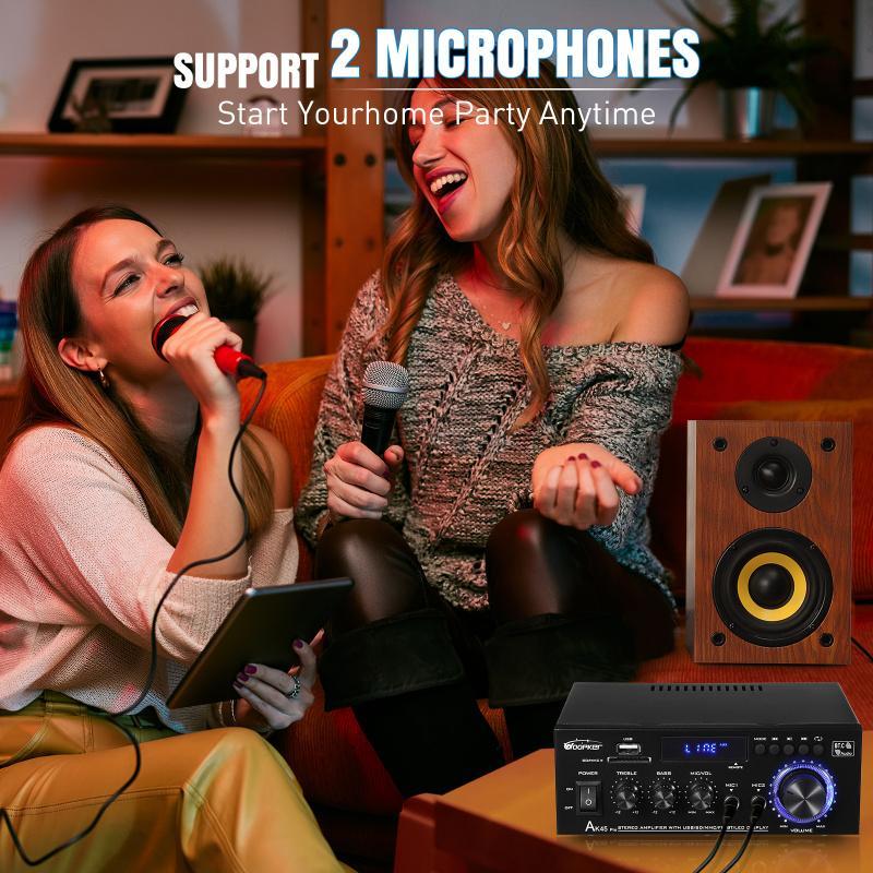WOOPKER AK45 300W/AK45 Pro 400W Bluetooth 5.0 Stereo Amplifier HiFi 2.0 Channel Power Amp with USB SD RCA Dual Microphone Support for Karaoke Home Theater Party Audio Streaming  karaoke machine