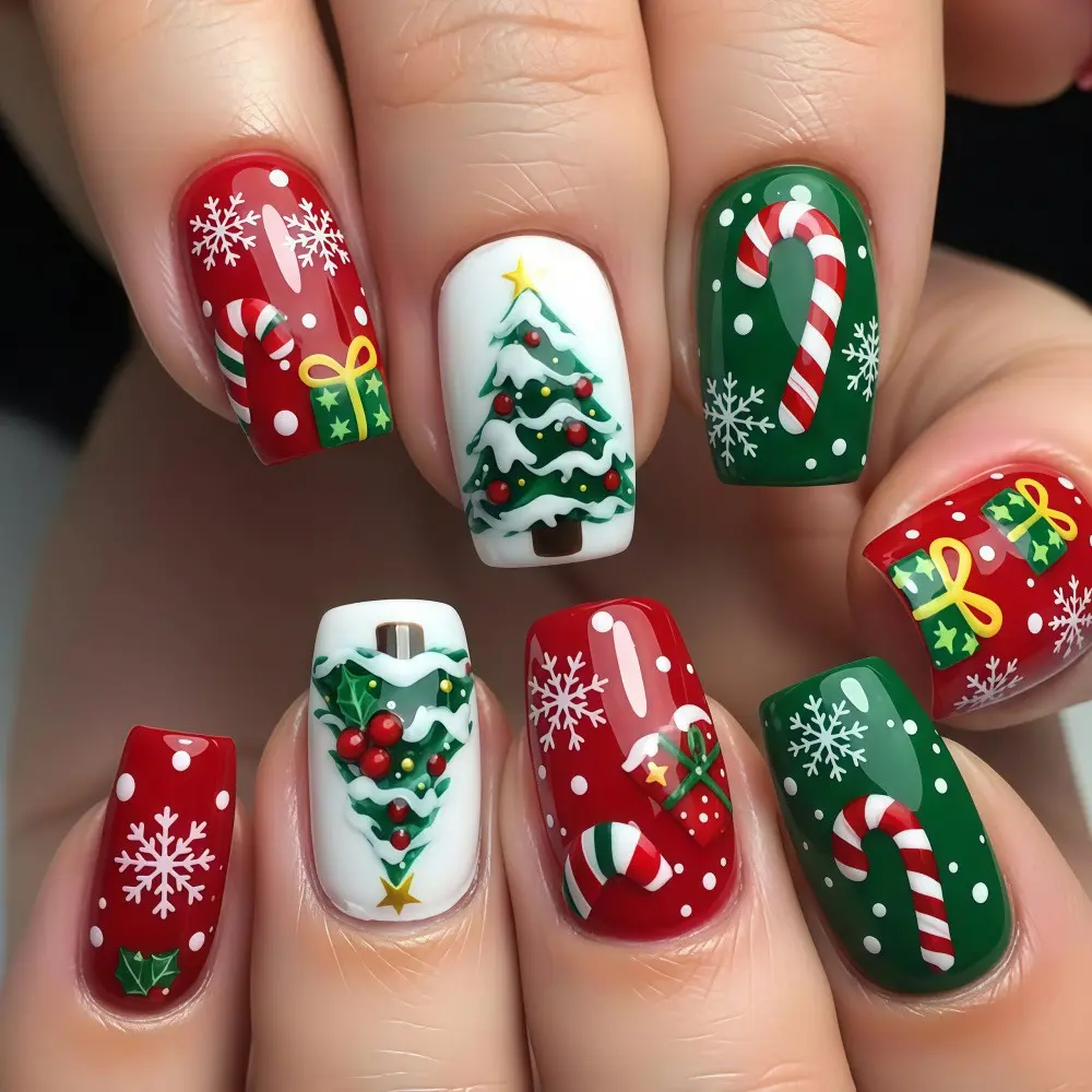 24-Piece Christmas Theme Nail Art Set, Jelly Glue & File Included, Snowflake Tree Candy Cane Design, Perfect Holiday Gift