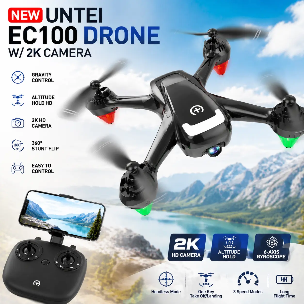 UNTEI EC100 RC Quadcopter Drone for Kids & Beginners, 2K HD Camera, Gravity Control, Altitude Hold, 1-Key Takeoff, 360° Flip, FPV Remote Control