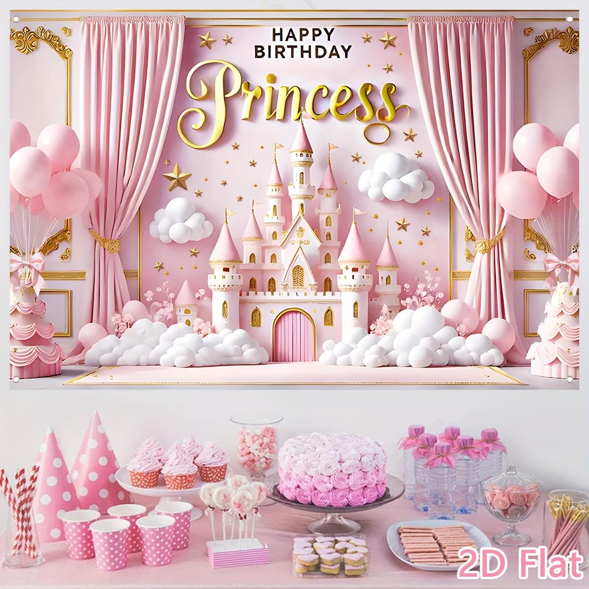 Pink birthday celebration background fabric, princess-themed party balloon castle pattern background fabric, birthday party decoration, baby party photography supplies, birthday party banner tapestry funny room tapestry durable man