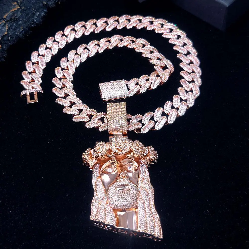Hip Hop Fine Rose Gold Iced Cuban Chain with Jesus Pendant Jewelry Two Tone Jesus Religious Christian Pendant Necklace Gift