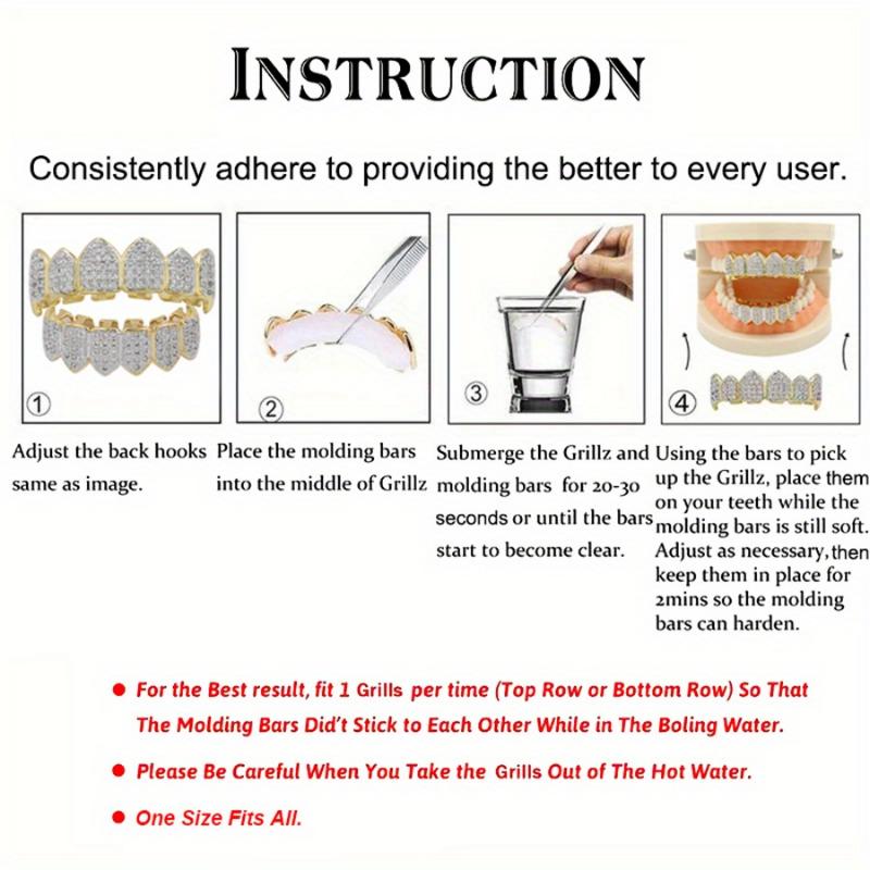 2pcs/ Set Hip Hop Cubic Synthetic Zirconia Teeth Grills Punk Tooth  Cosplay Rapper Jewelry Glittering Hip Hop Cubic Synthetic Zirconia Teeth Grills - 20pcs Top & Bottom Set for Rappers  Instantly   gold  teeth  cap Oral