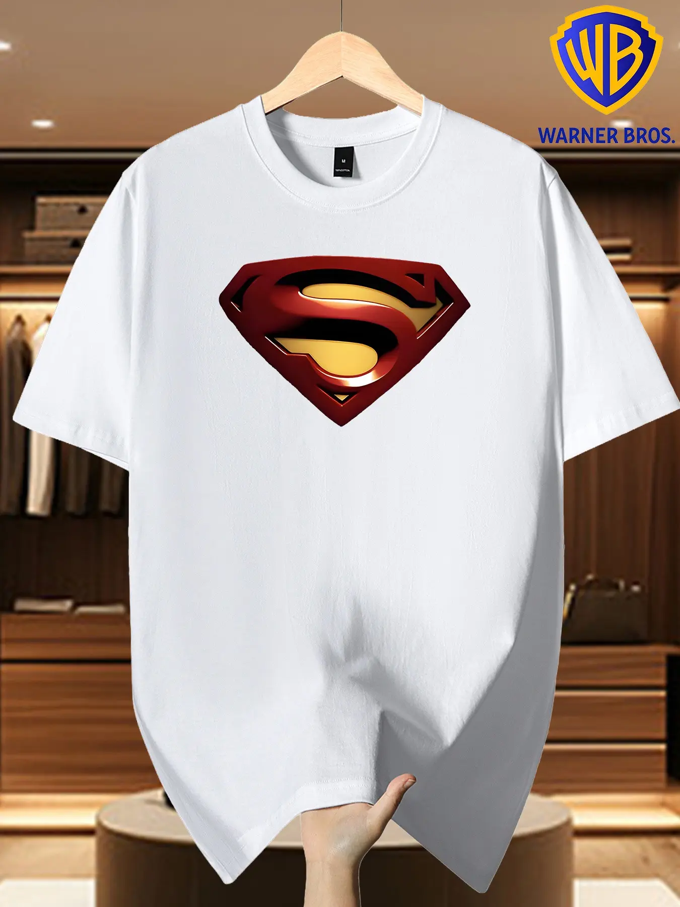 Warner Bros Men's 3D Metal Superman Logo Print T-Shirt, Classic Superhero Symbol Pattern, Casual Loose-Fit Long Sleeve Streetwear Top