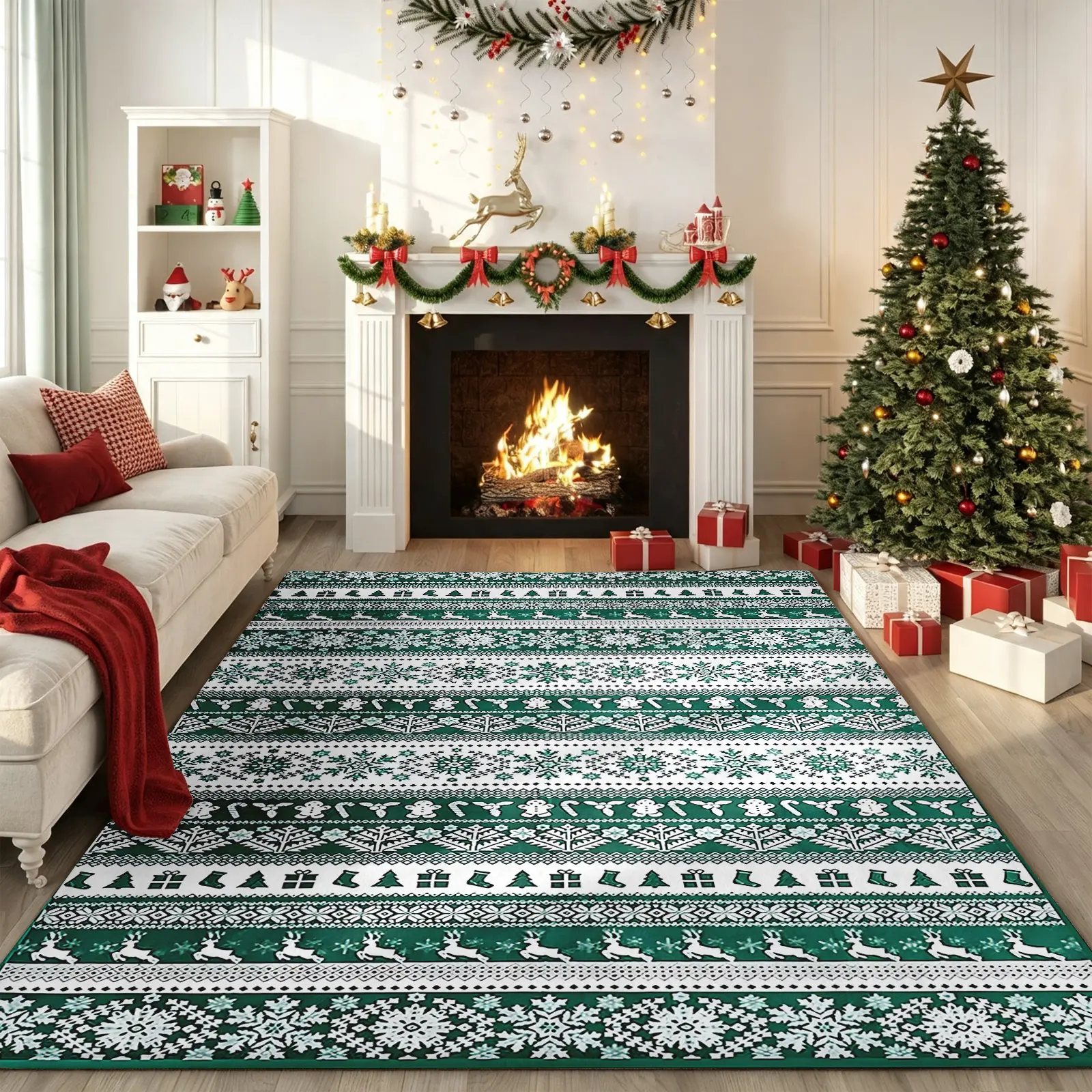 Winter Green Nordic Reindeer Area Rug – Ultra-Soft Faux Cashmere Short Pile Non-Slip Machine Washable Living Room,Dining Room,Bedroom Home Decor Rugs, Festive Christmas Holiday Housewarming Gift